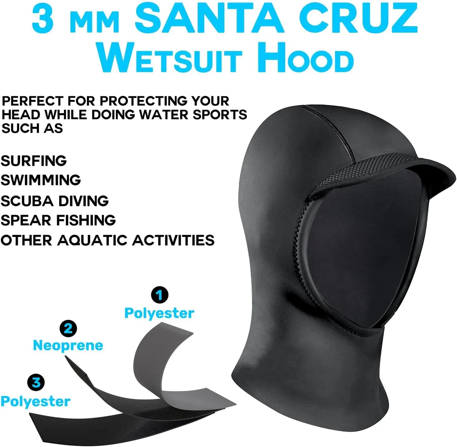 H2Odyssey Santa Cruz 3mm Surf Hood - Stretch Material Water Sports Thermal Hood - Slip On Comfort Fit Hood Cap for Scuba Diving