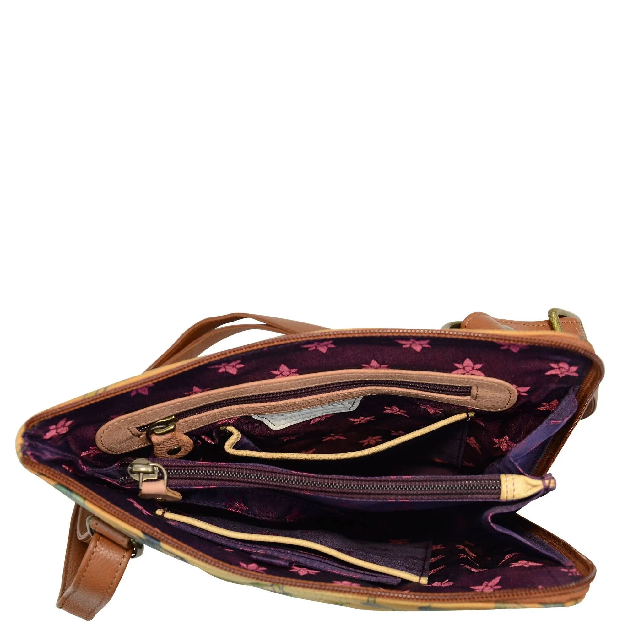 Hand-Painted Leather Organizer Crossbody With Extended Side Zipper - 493