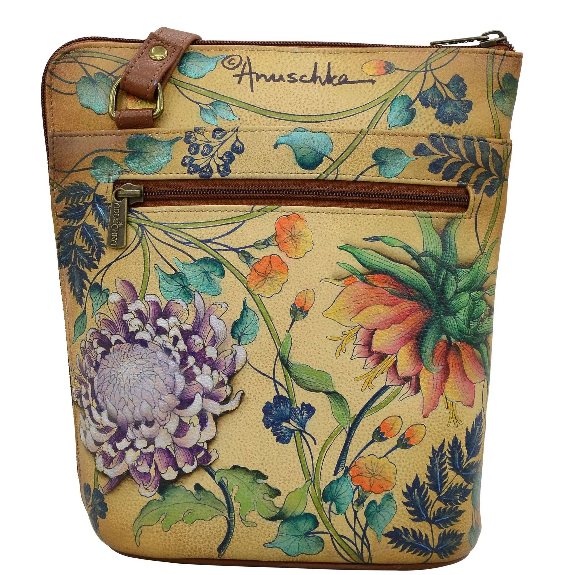 Hand-Painted Leather Organizer Crossbody With Extended Side Zipper - 493
