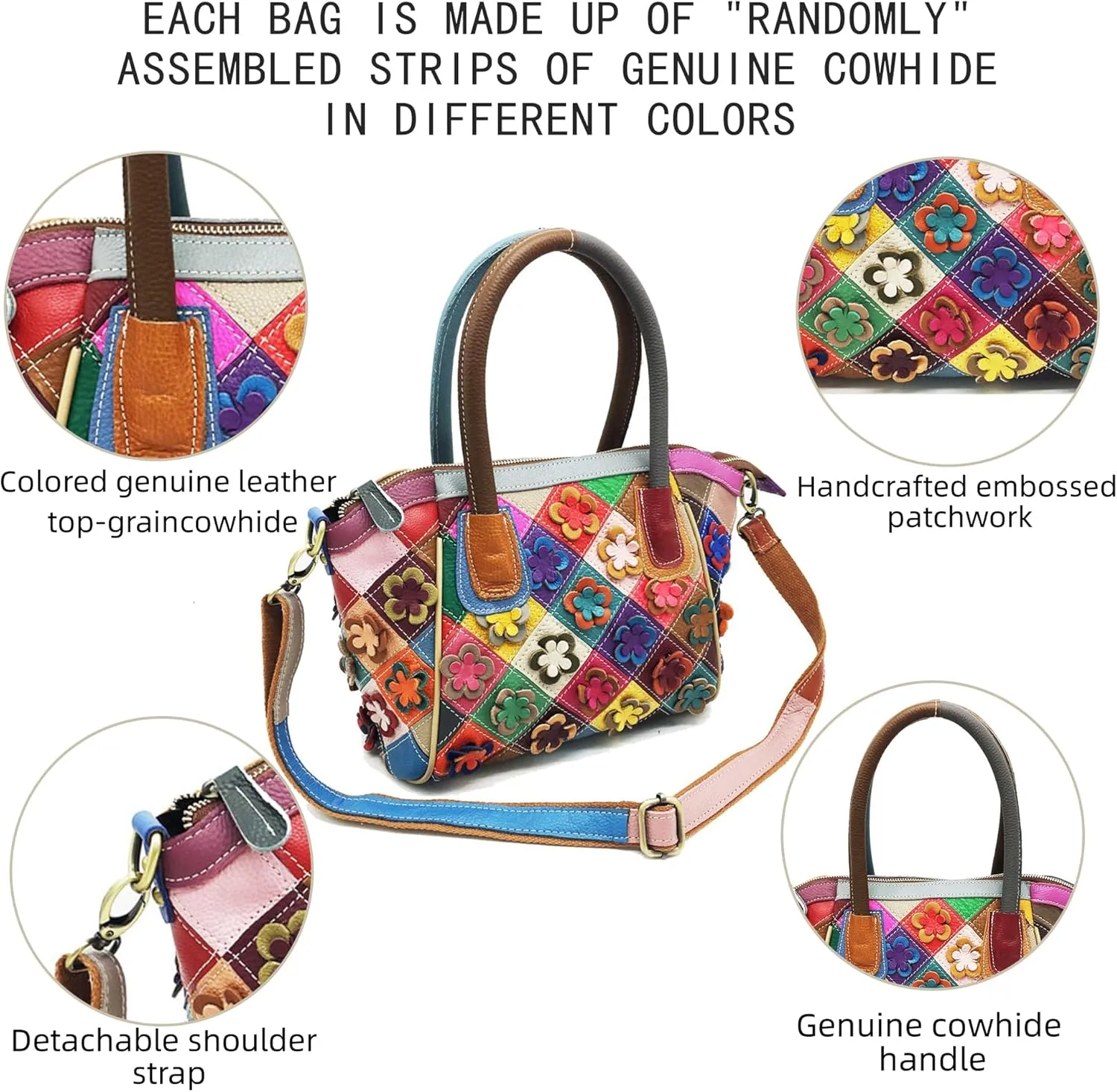Handmade Cowhide Multi-color Block Random Stitching Unique Style Women's Bag - Crossbody, Shoulder and Handheld