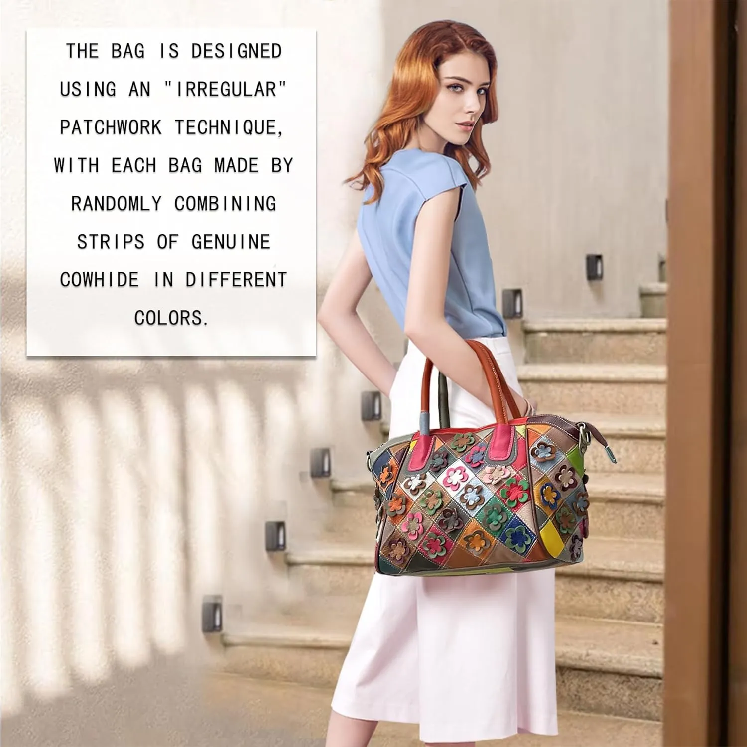 Handmade Cowhide Multi-color Block Random Stitching Unique Style Women's Bag - Crossbody, Shoulder and Handheld