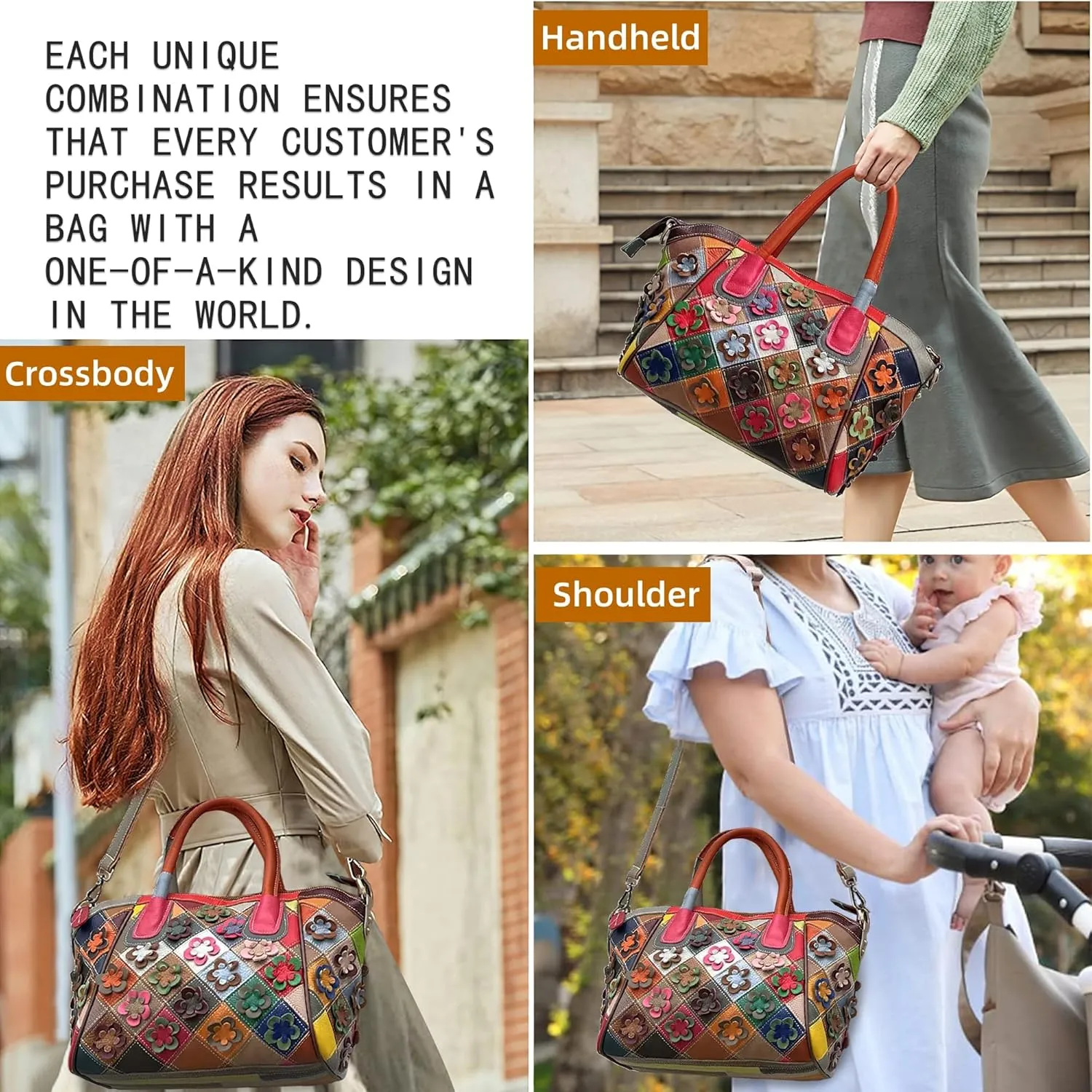 Handmade Cowhide Multi-color Block Random Stitching Unique Style Women's Bag - Crossbody, Shoulder and Handheld