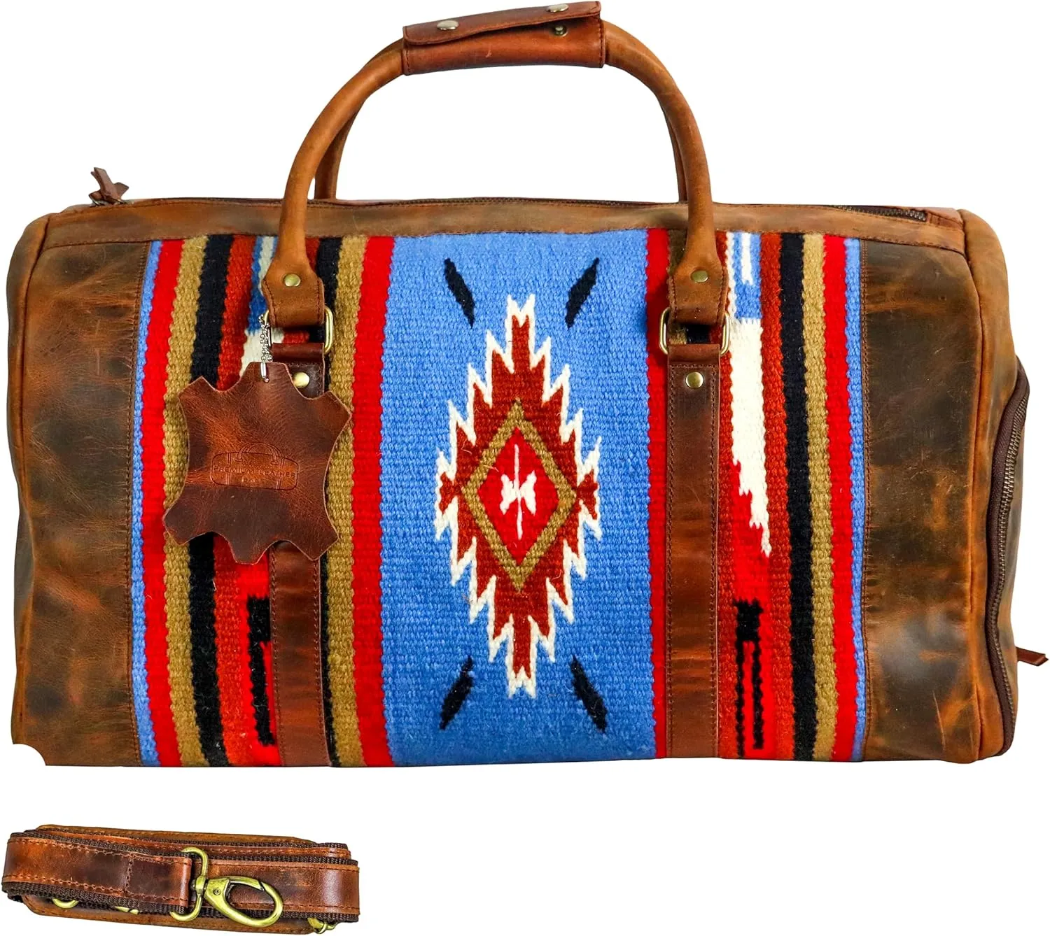 Handmade Duffle Bag leather heavy duty Airplane Overnight Luggage Carry On Unisex Travel Rug Bag Wollen Bag Gift for His/Her 20 x 10 x 10 inches. (Rug Duffle Bag Design_04)