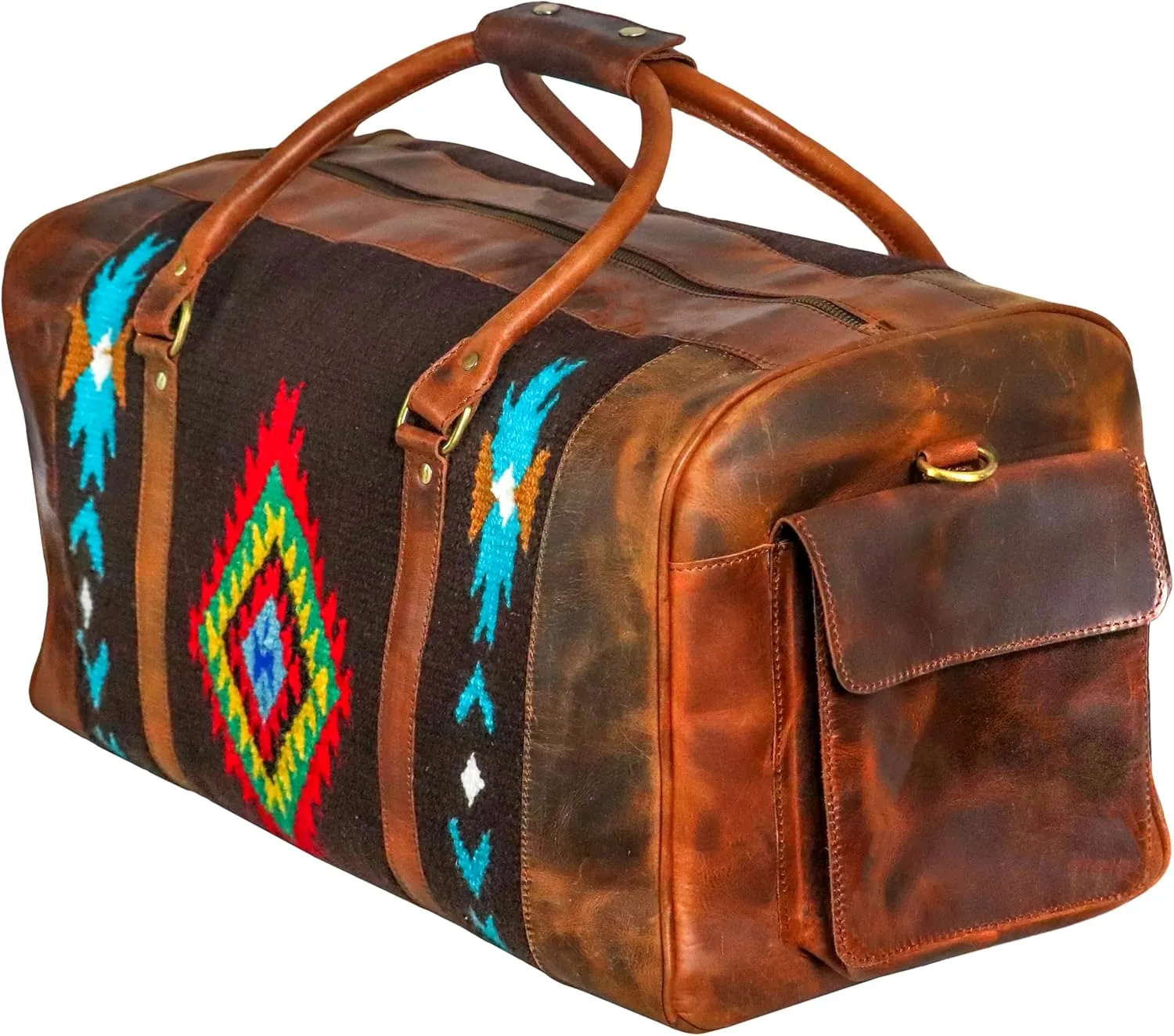 Handmade Duffle Bag leather heavy duty Airplane Overnight Luggage Carry On Unisex Travel Rug Bag Wollen Bag Gift for His/Her 20 x 10 x 10 inches. (Rug Duffle Bag Design_05)