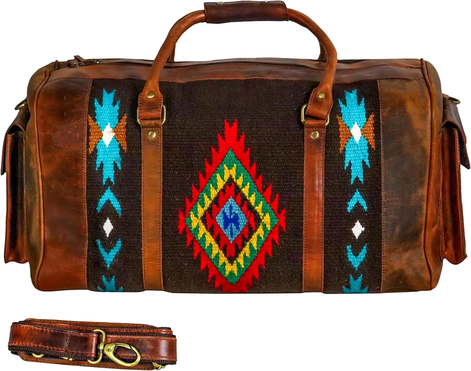 Handmade Duffle Bag leather heavy duty Airplane Overnight Luggage Carry On Unisex Travel Rug Bag Wollen Bag Gift for His/Her 20 x 10 x 10 inches. (Rug Duffle Bag Design_05)