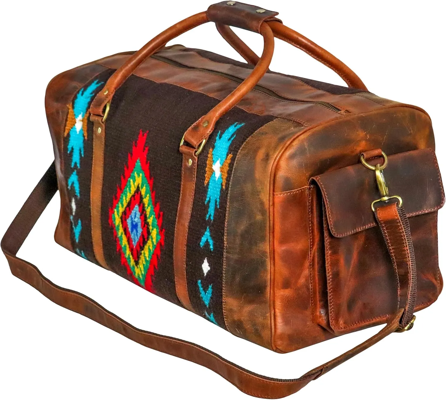 Handmade Duffle Bag leather heavy duty Airplane Overnight Luggage Carry On Unisex Travel Rug Bag Wollen Bag Gift for His/Her 20 x 10 x 10 inches. (Rug Duffle Bag Design_05)