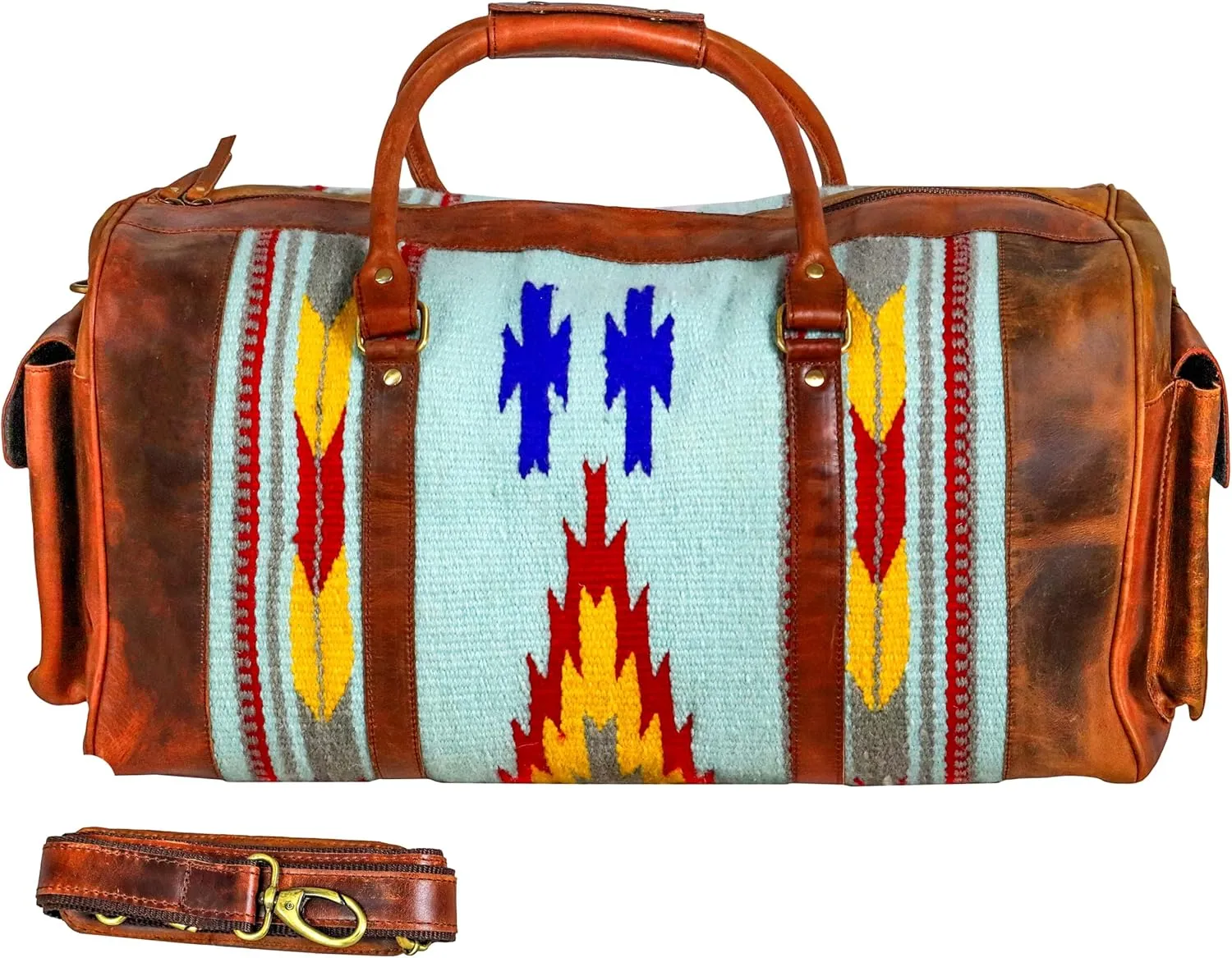 Handmade Duffle Bag leather heavy duty Gym Sports Airplane Overnight Luggage Carry On Unisex Travel Hand Rug Wollen Gift for His/Her (Excluding Shoe Compartment, Rug Duffle Bag ESC_02)