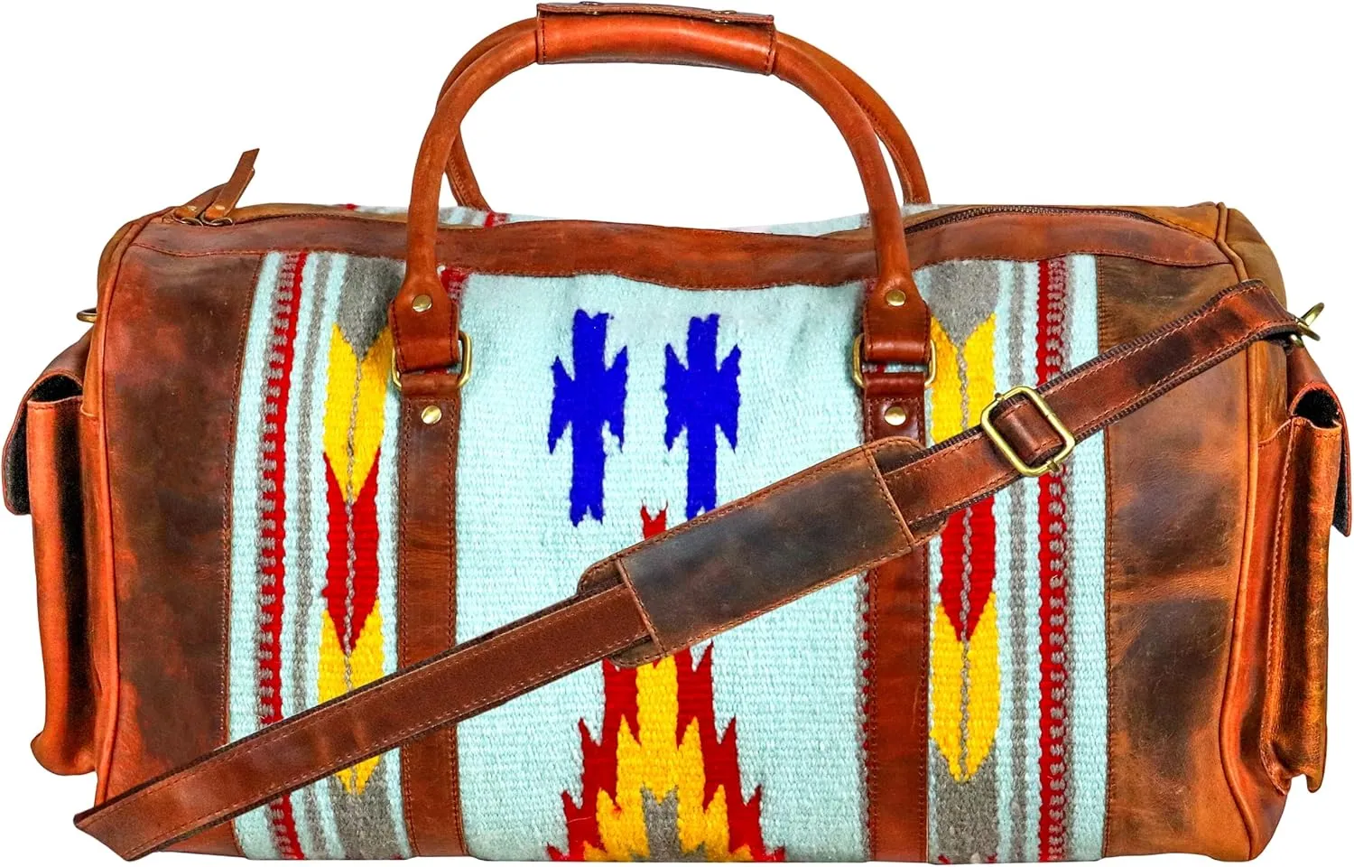 Handmade Duffle Bag leather heavy duty Gym Sports Airplane Overnight Luggage Carry On Unisex Travel Hand Rug Wollen Gift for His/Her (Excluding Shoe Compartment, Rug Duffle Bag ESC_02)