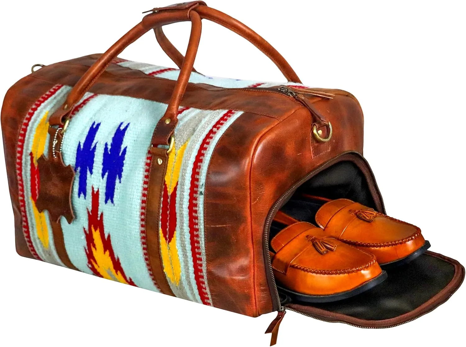 Handmade Premium Duffle Bag leather heavy duty Gym Sports Airplane Overnight Luggage Carry On Unisex Travel Hand woven Rug Bag Wollen Bag Gift for His/Her_04