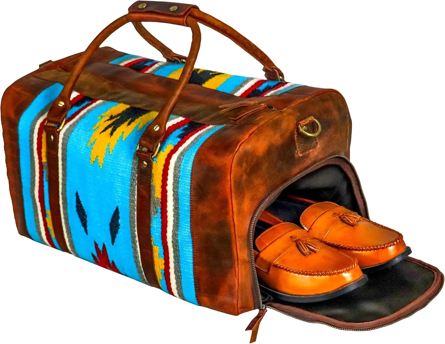 Handmade Premium Duffle Bag leather heavy duty Gym Sports Airplane Overnight Luggage Carry On Unisex Travel Hand woven Rug Bag Wollen Bag Gift for His/Her_17