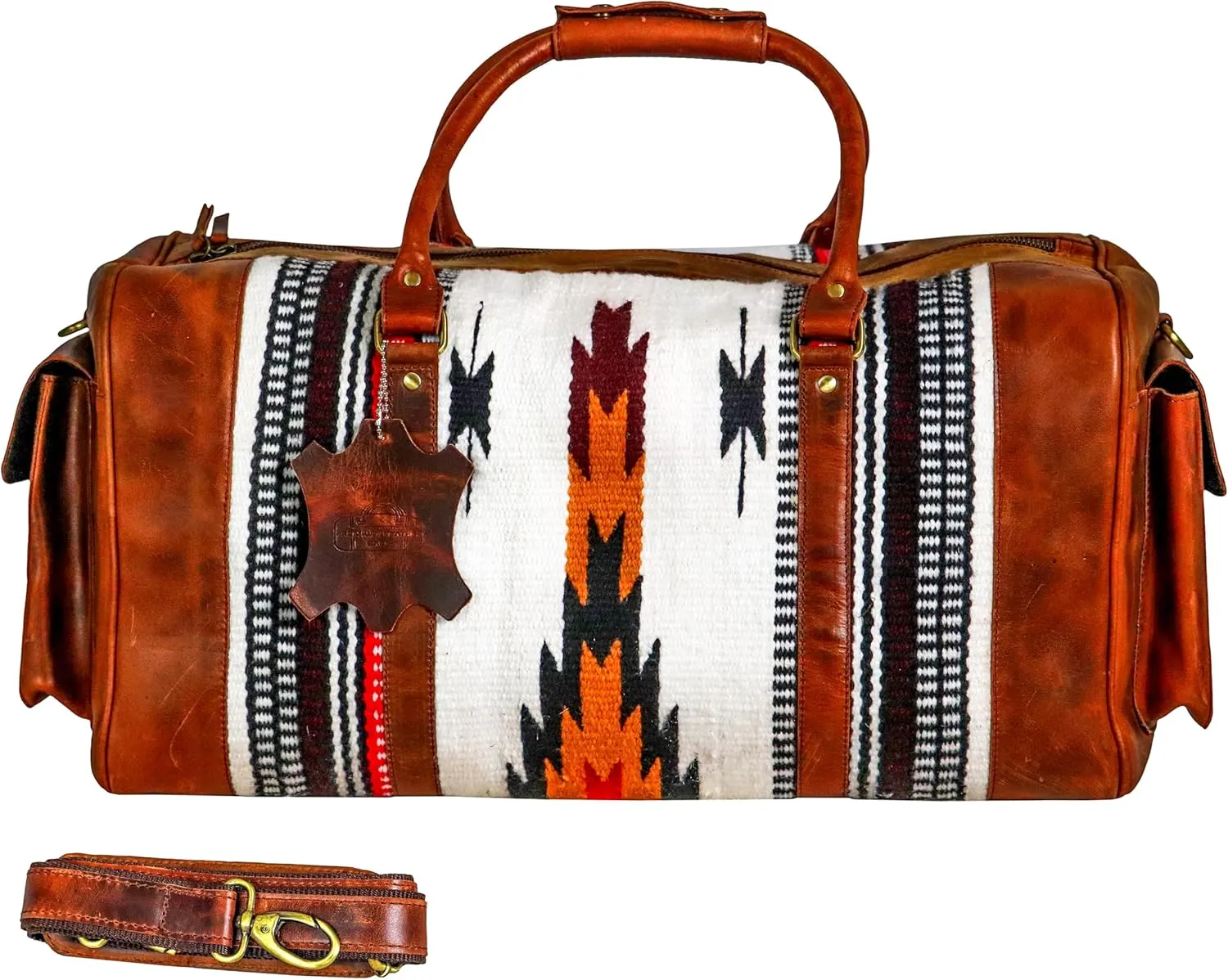 Handmade Premium Duffle Bag leather heavy duty Gym Sports Airplane Overnight Luggage Carry On Unisex Travel woven Rug Bag Wollen Bag Gift for His/Her (RUG DUFFLE BAG DESIGN_02)