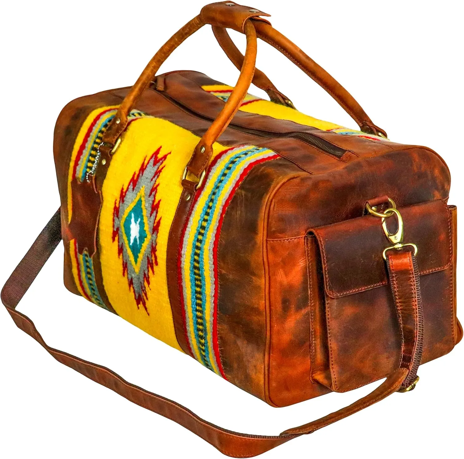 Handmade Premium Duffle Bag leather heavy duty Gym Sports Airplane Overnight Luggage Carry On Unisex Travel woven Rug Bag Wollen Hand Bag Gift for His/Her (RUG DUFFLE BAG DESIGN_02)
