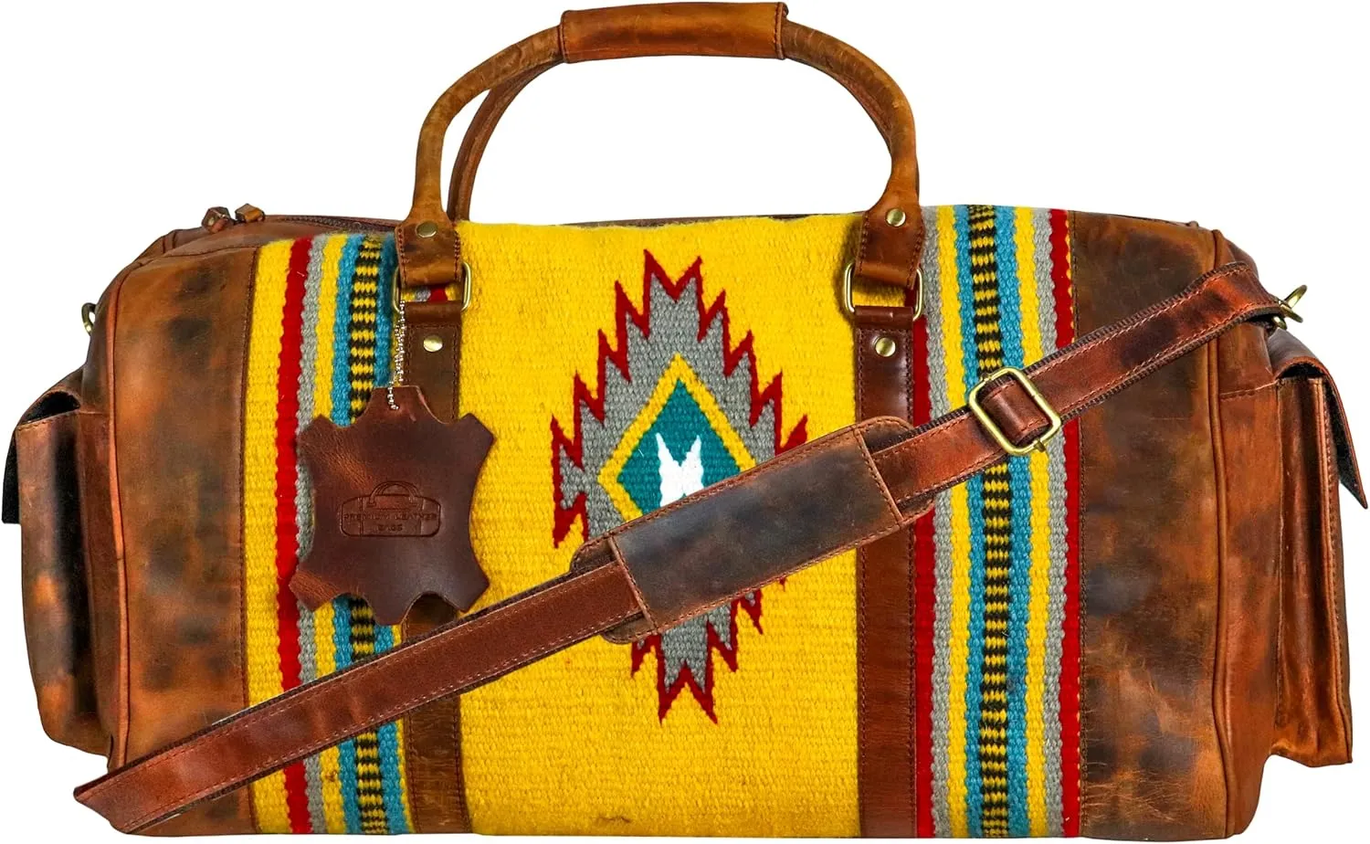 Handmade Premium Duffle Bag leather heavy duty Gym Sports Airplane Overnight Luggage Carry On Unisex Travel woven Rug Bag Wollen Hand Bag Gift for His/Her (RUG DUFFLE BAG DESIGN_02)