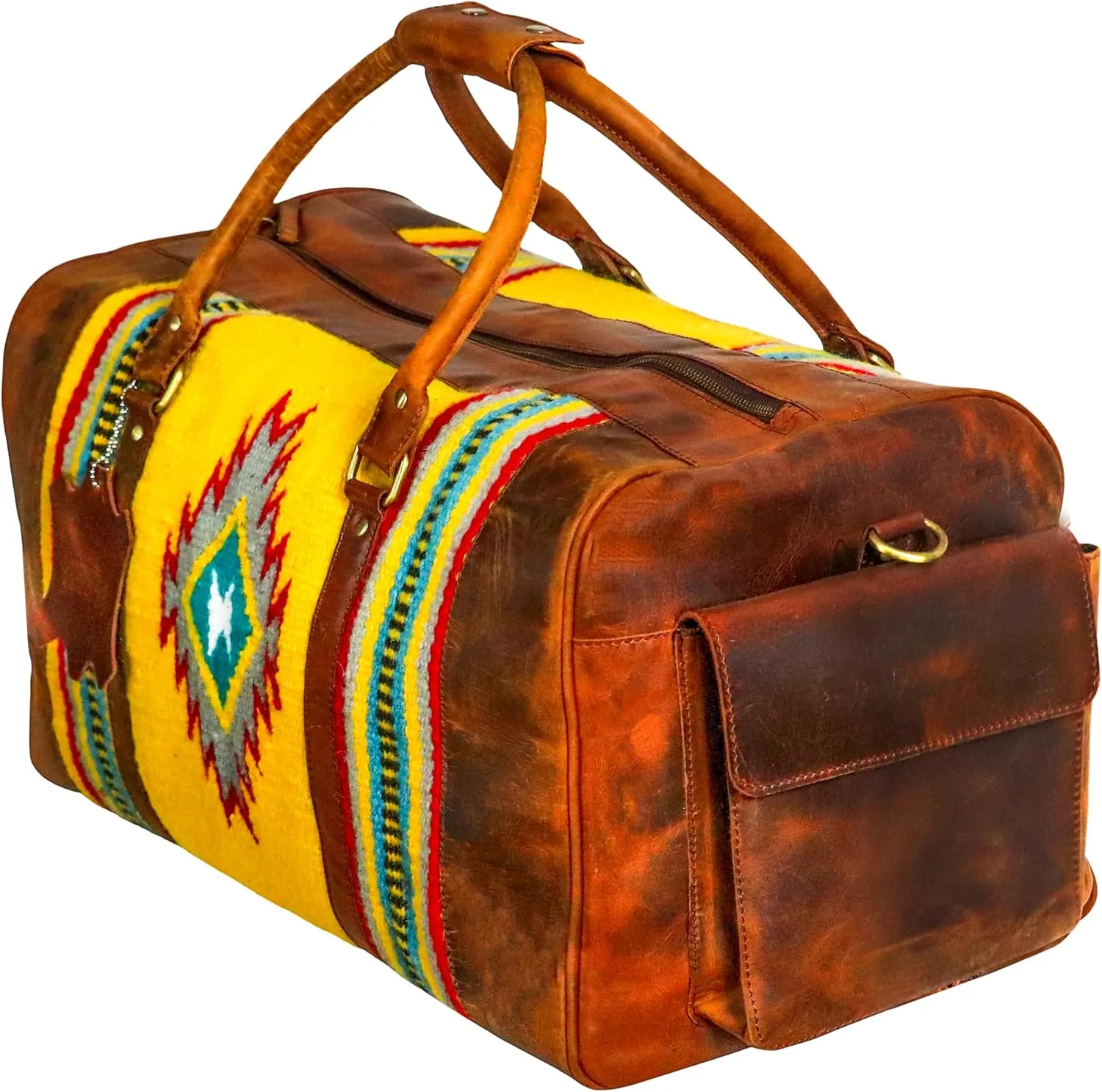 Handmade Premium Duffle Bag leather heavy duty Gym Sports Airplane Overnight Luggage Carry On Unisex Travel woven Rug Bag Wollen Hand Bag Gift for His/Her (RUG DUFFLE BAG DESIGN_02)