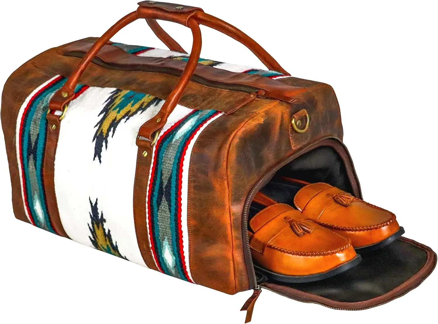 Handmade Premium Duffle Bag leather heavy duty Gym Sports Airplane Overnight Luggage Carry On Unisex Travel woven Rug Bag Wollen Hand Bag Gift for His/Her (RUG DUFFLE BAG MODULE_06)