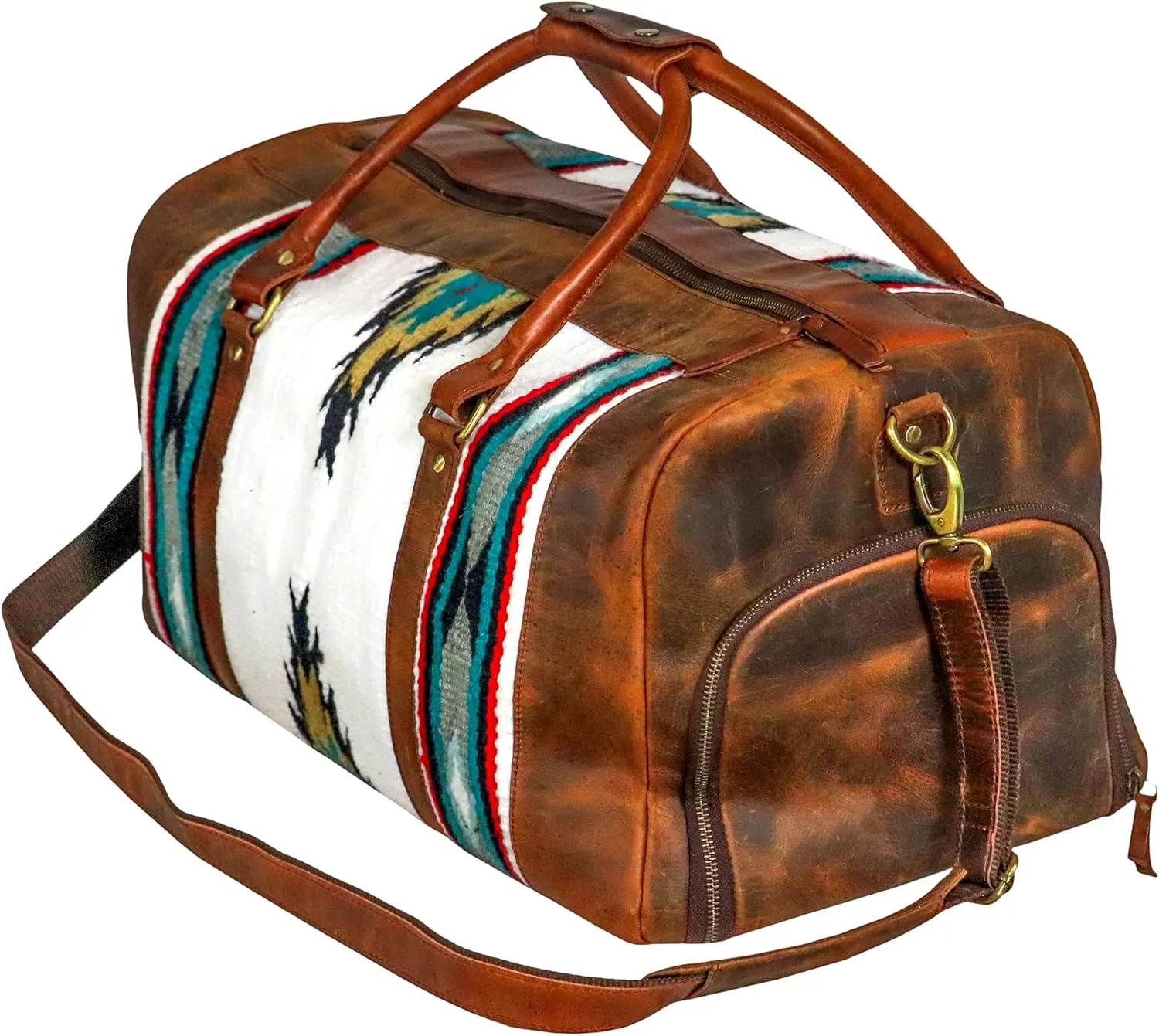 Handmade Premium Duffle Bag leather heavy duty Gym Sports Airplane Overnight Luggage Carry On Unisex Travel woven Rug Bag Wollen Hand Bag Gift for His/Her (RUG DUFFLE BAG MODULE_06)