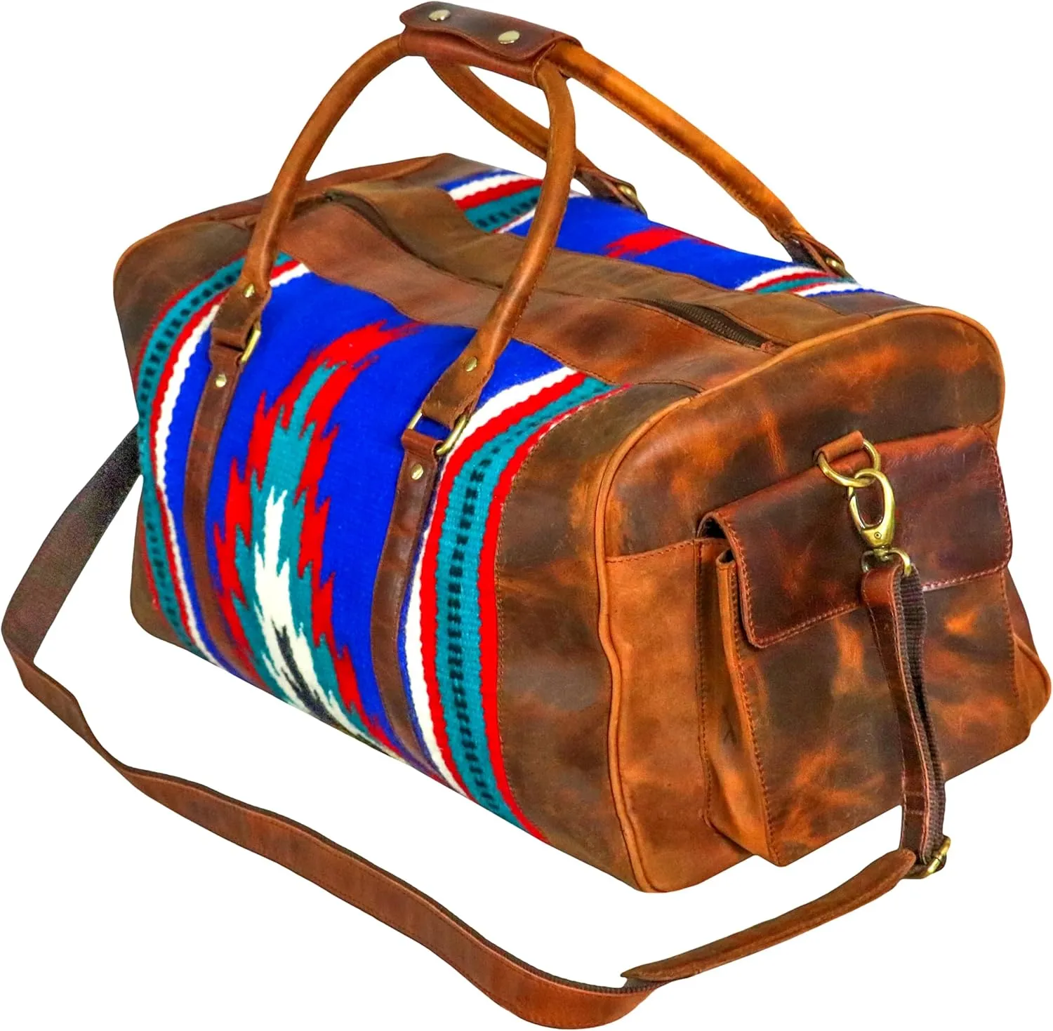 Handmade Premium Duffle Bag leather heavy duty Gym Sports Airplane Overnight Luggage Carry On Unisex Travel woven Rug Bag Wollen Hand Bag Gift for His/Her (RUG DUFFLE BAG STYLE_15)