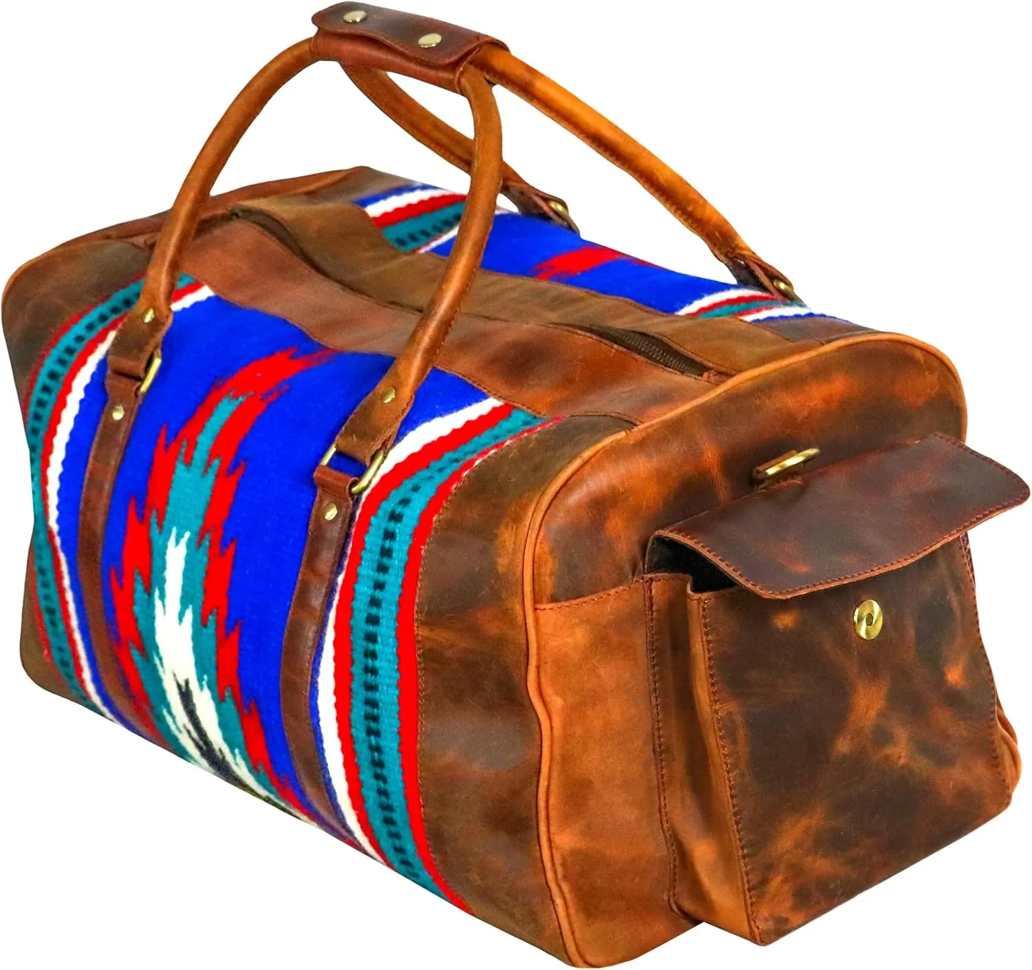 Handmade Premium Duffle Bag leather heavy duty Gym Sports Airplane Overnight Luggage Carry On Unisex Travel woven Rug Bag Wollen Hand Bag Gift for His/Her (RUG DUFFLE BAG STYLE_15)