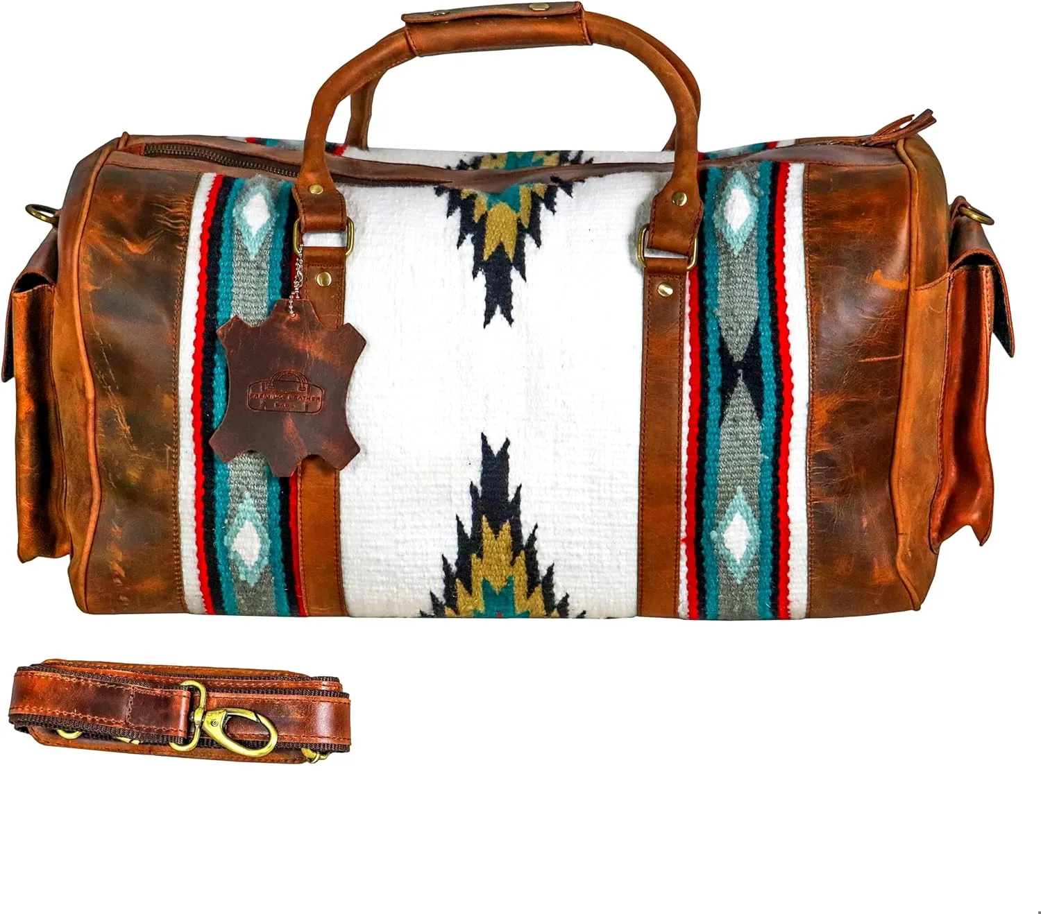 Handmade Premium Duffle Bag leather heavy duty Gym Sports Airplane Overnight Luggage Carry On Unisex Travel woven Rug Bag Wollen Hand Bag Gift for His/Her_07