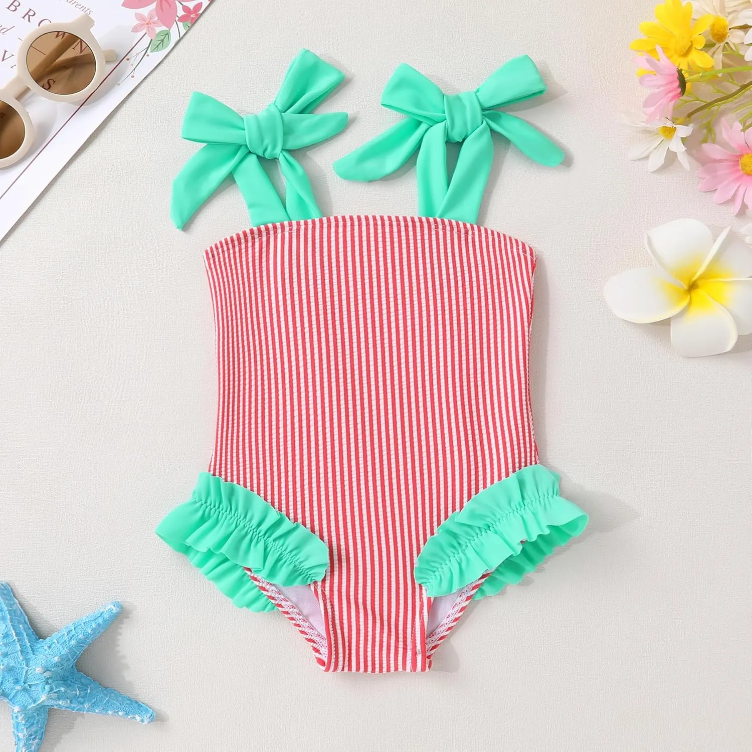 Happy Town Toddler Swimsuit Girl Solid Color Stripe One-Piece Baby Bathing Suits