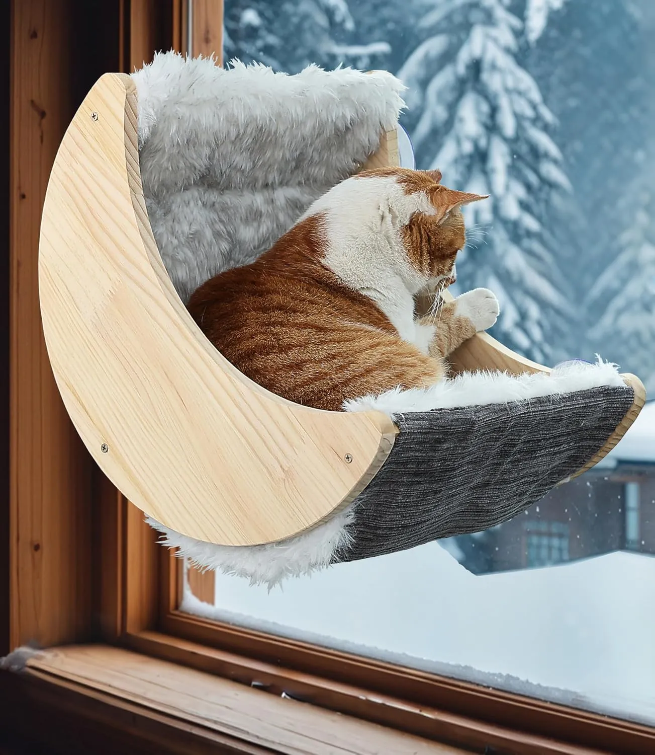 HAPYKITYS Window Cat Beds with Ultra Plush Hammock, Moon Shelves Mounted with Strong Suction Cups, Cat Window Seat for Overlooking and Sunbathing(Faux Wool Fur)