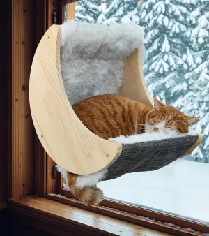 HAPYKITYS Window Cat Beds with Ultra Plush Hammock, Moon Shelves Mounted with Strong Suction Cups, Cat Window Seat for Overlooking and Sunbathing(Faux Wool Fur)