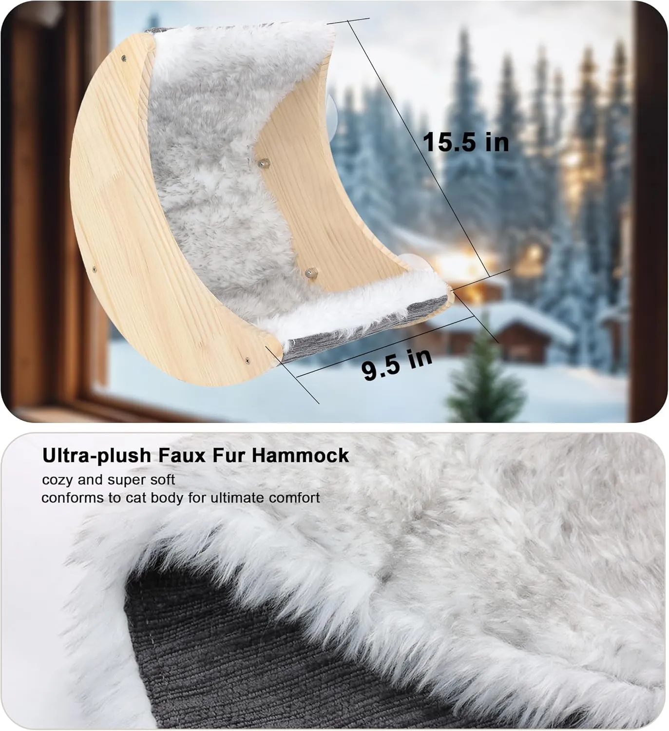 HAPYKITYS Window Cat Beds with Ultra Plush Hammock, Moon Shelves Mounted with Strong Suction Cups, Cat Window Seat for Overlooking and Sunbathing(Faux Wool Fur)