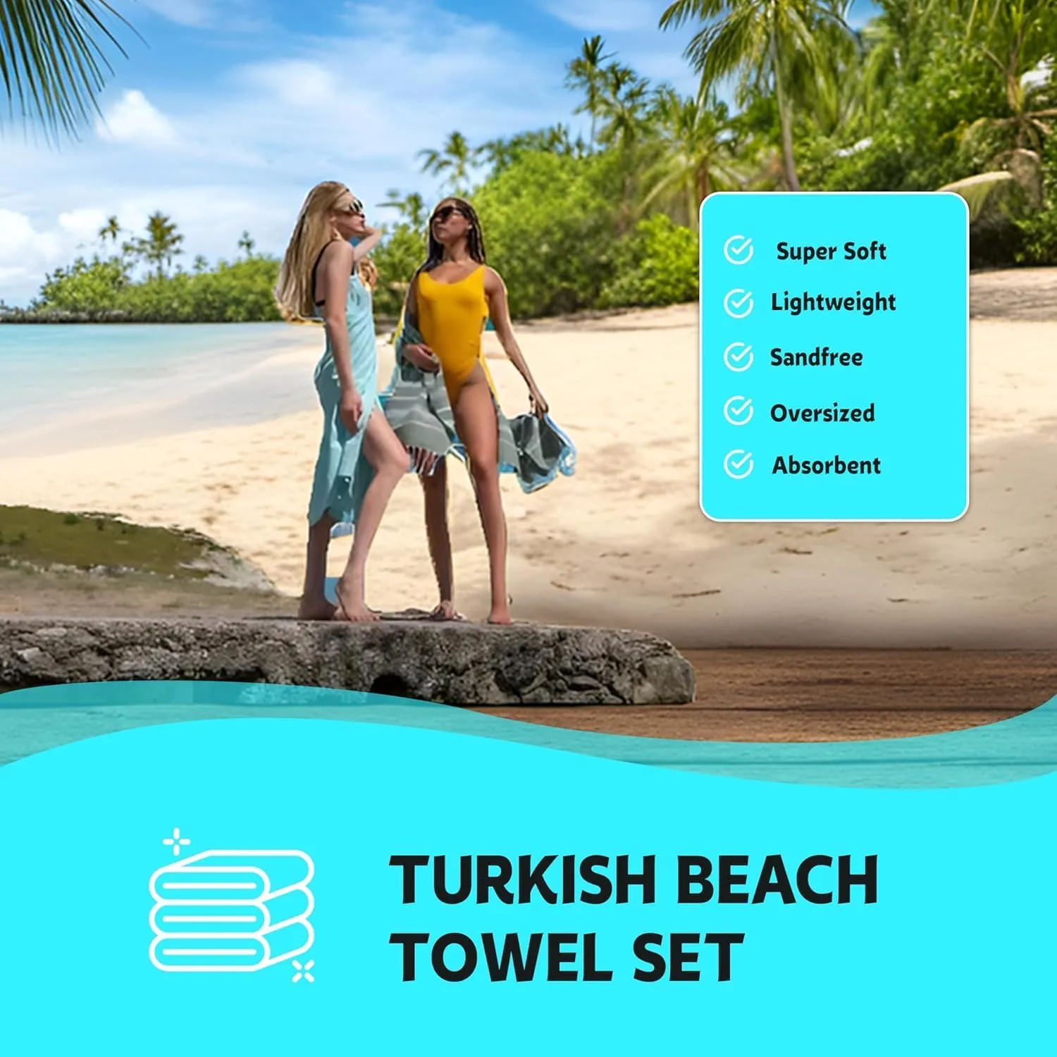 HAVLULAND Turkish Beach Towels Oversized -100% Turkish Cotton Super Soft Lightweight - Absorbent and Quick Drying Bath Towel - Sand Free Beach Towel - Turkish Towels for Adults (Aquamarine, 6 Pack)