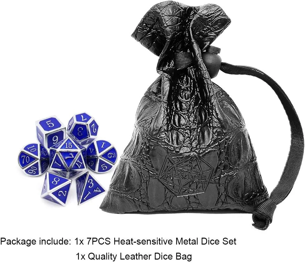 Haxtec Heat Sensitive Metal DND Dice Set Color Changing Metal Dice Temperature Polyhedral D&D Dice for RPG Dungeons and Dragons-Silver Black Blue Shift