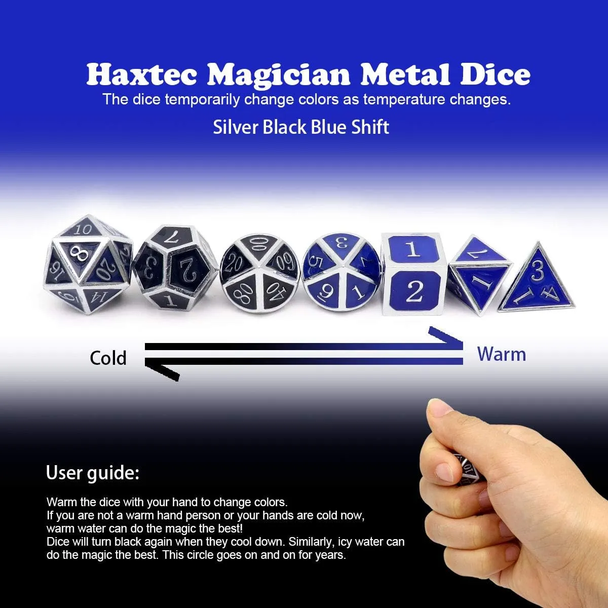 Haxtec Heat Sensitive Metal DND Dice Set Color Changing Metal Dice Temperature Polyhedral D&D Dice for RPG Dungeons and Dragons-Silver Black Blue Shift