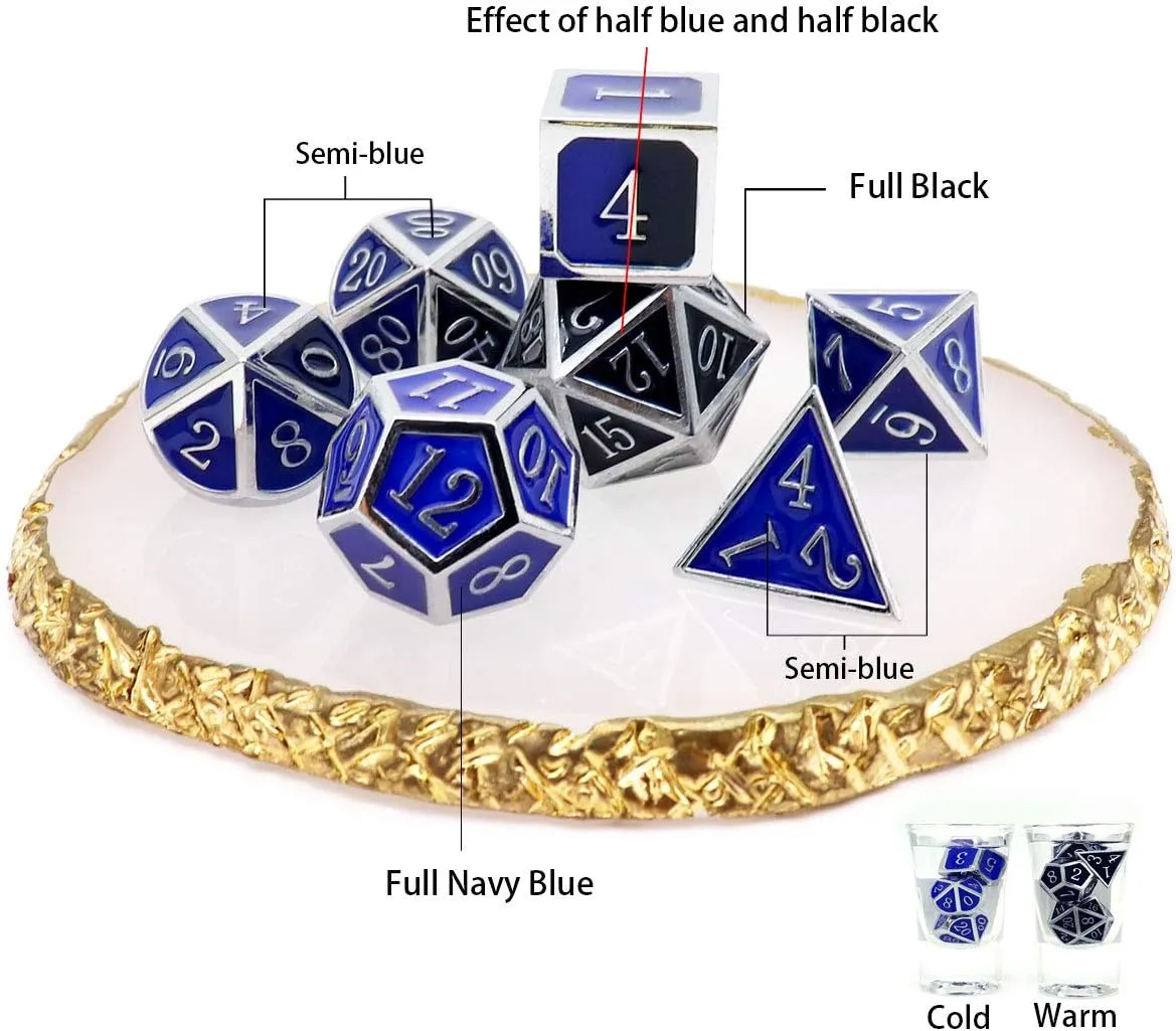 Haxtec Heat Sensitive Metal DND Dice Set Color Changing Metal Dice Temperature Polyhedral D&D Dice for RPG Dungeons and Dragons-Silver Black Blue Shift