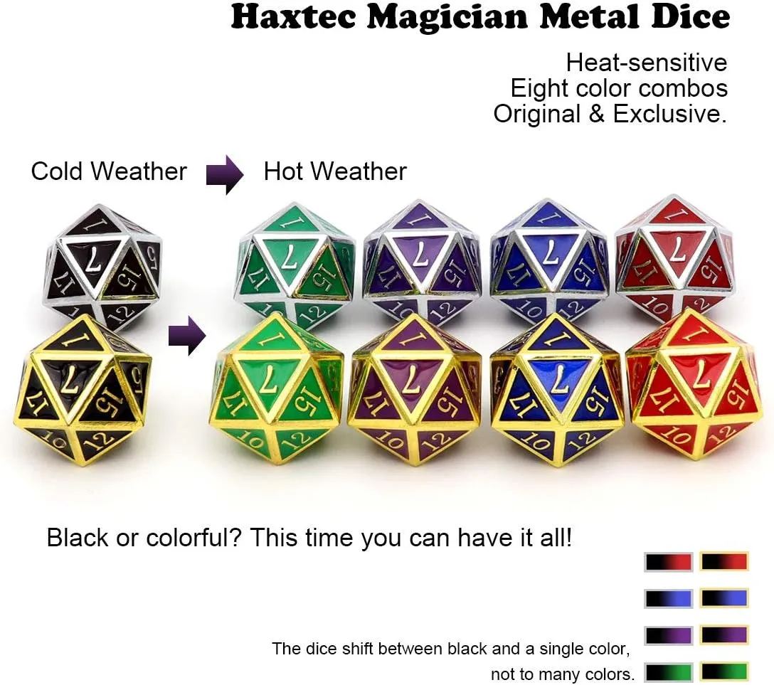 Haxtec Heat Sensitive Metal DND Dice Set Color Changing Metal Dice Temperature Polyhedral D&D Dice for RPG Dungeons and Dragons-Silver Black Blue Shift