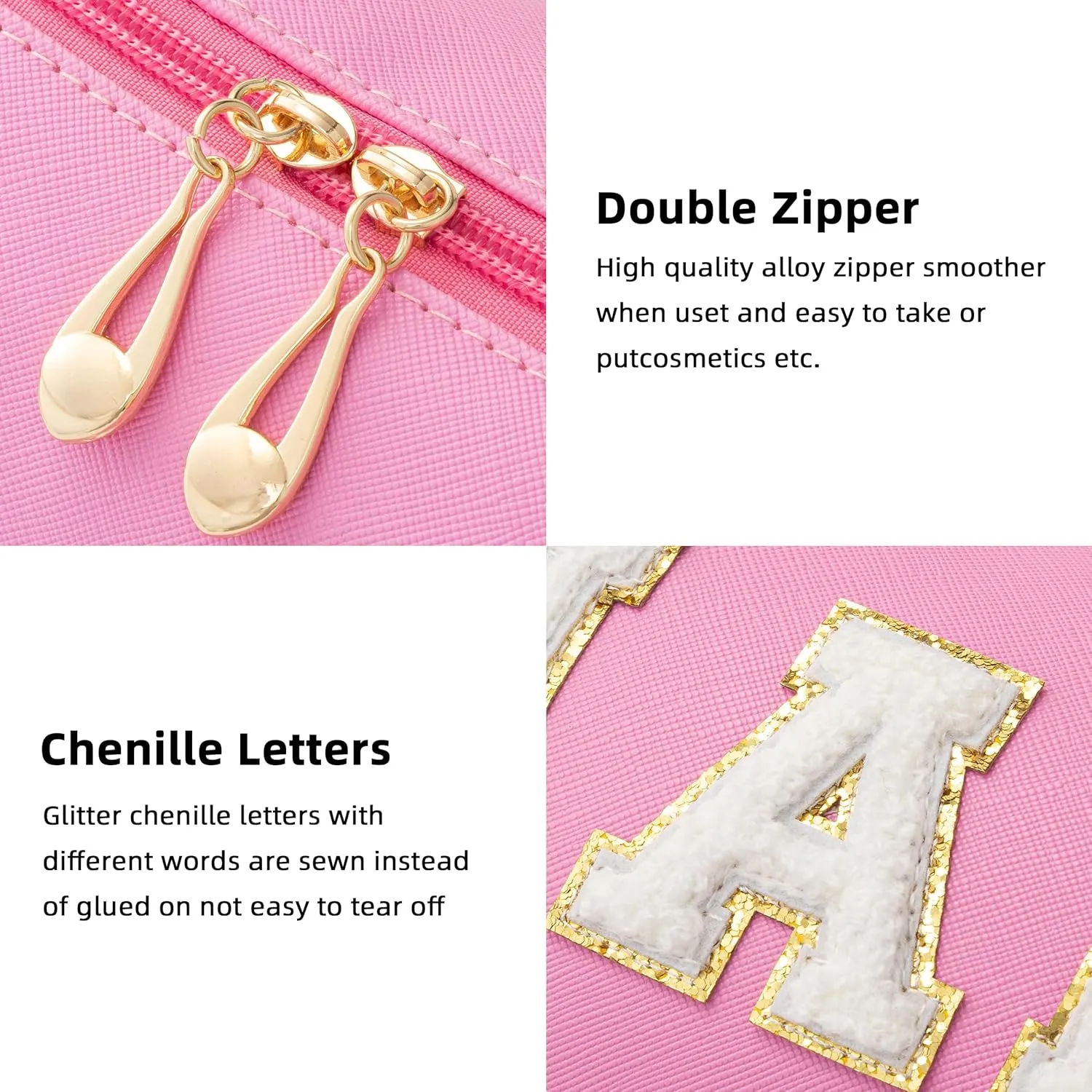 HBselect Mothers Day Gifts for Women Preppy Makeup Bag 4 Pcs Travel Toiletry Bag Chenille Letter Patch Makeup Bag Portable Cosmetic Bag for Women PU Leather Waterproof Organizer Make up Bag for Girls