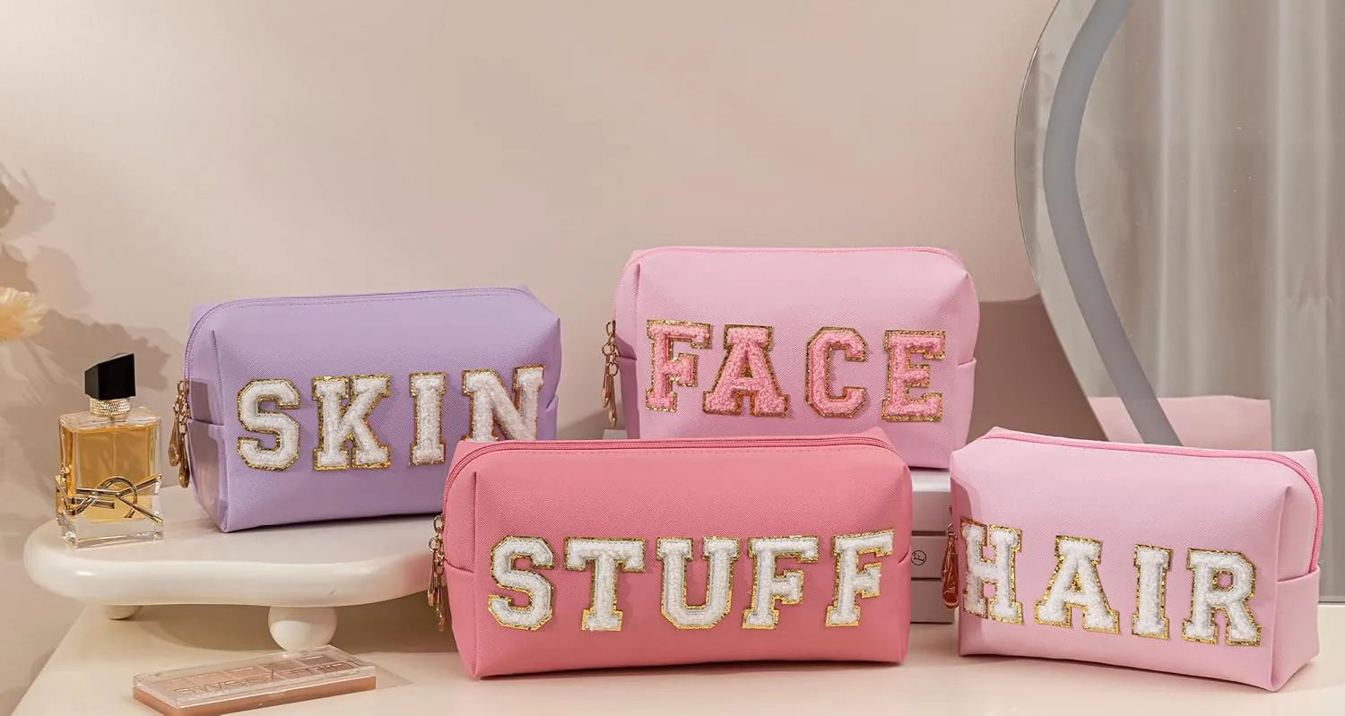 HBselect Mothers Day Gifts for Women Preppy Makeup Bag 4 Pcs Travel Toiletry Bag Chenille Letter Patch Makeup Bag Portable Cosmetic Bag for Women PU Leather Waterproof Organizer Make up Bag for Girls