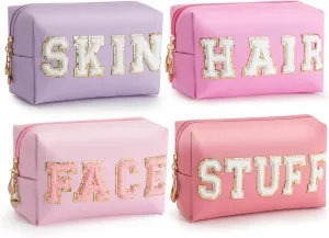 HBselect Mothers Day Gifts for Women Preppy Makeup Bag 4 Pcs Travel Toiletry Bag Chenille Letter Patch Makeup Bag Portable Cosmetic Bag for Women PU Leather Waterproof Organizer Make up Bag for Girls