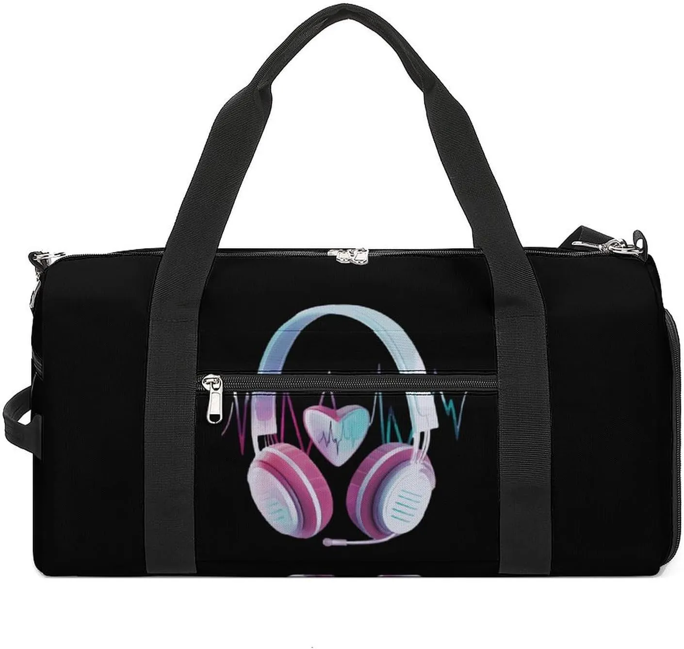 Headphone Heartbeat EKG Sports Gym Bag for Men Women Travel Duffel Bag with Shoulder Strap