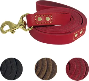 Heavy Duty Leather Dog Leash 6 ft x 1 inch,Strong Double Stitched Genuine Leather Pets Training Leash for Walking,Soft Handle and Durable Lead for Small Medium and Large Dogs Red