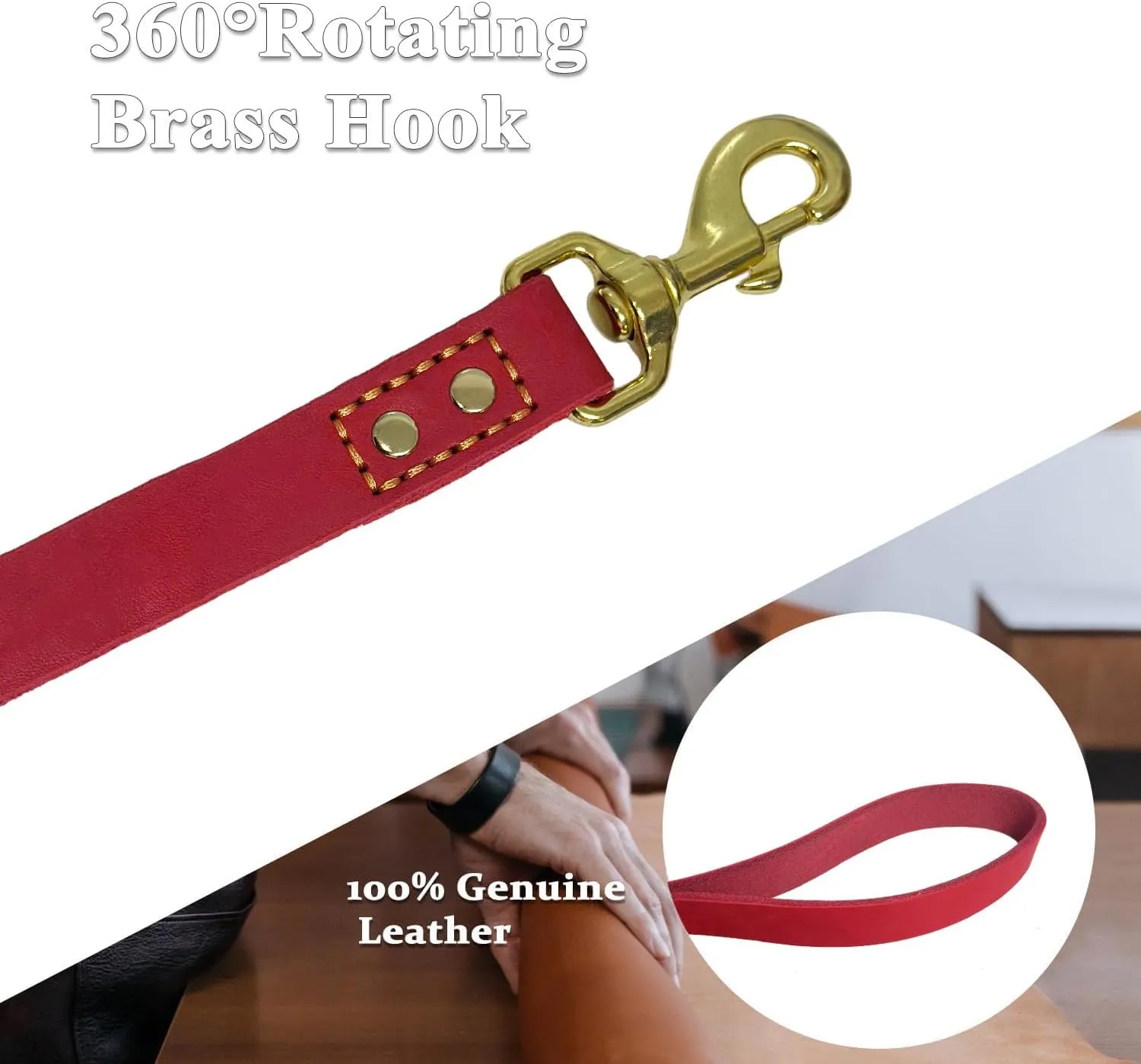 Heavy Duty Leather Dog Leash 6 ft x 1 inch,Strong Double Stitched Genuine Leather Pets Training Leash for Walking,Soft Handle and Durable Lead for Small Medium and Large Dogs Red