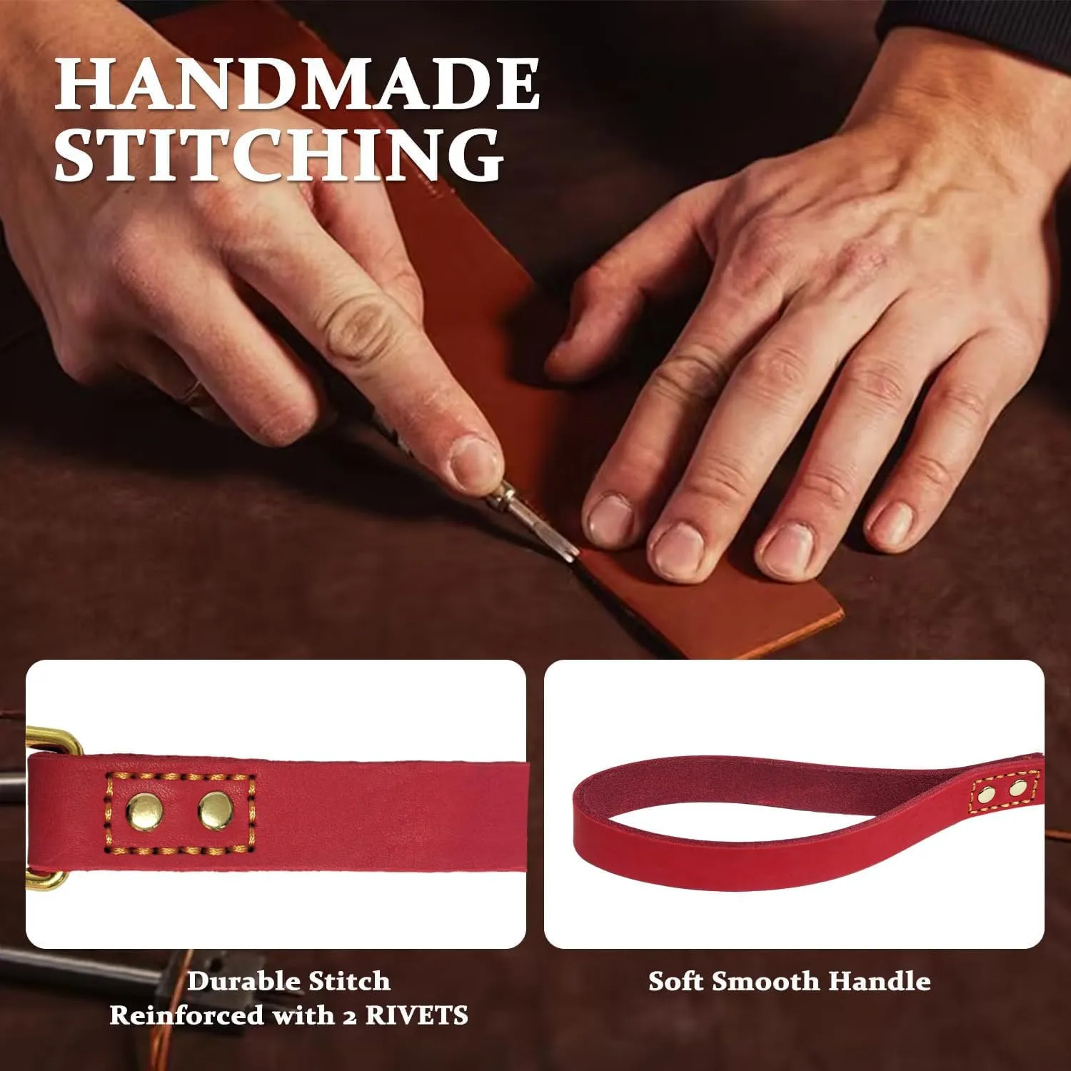 Heavy Duty Leather Dog Leash 6 ft x 1 inch,Strong Double Stitched Genuine Leather Pets Training Leash for Walking,Soft Handle and Durable Lead for Small Medium and Large Dogs Red