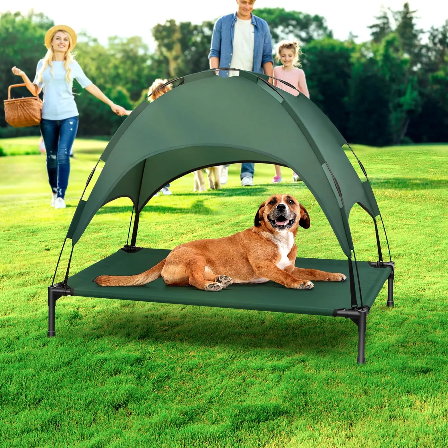 Heeyoo Elevated Dog Bed with Canopy, Portable Dog Cot with Removable Shade Tent, Outdoor Raised Pet Cot Cooling Bed for Dogs