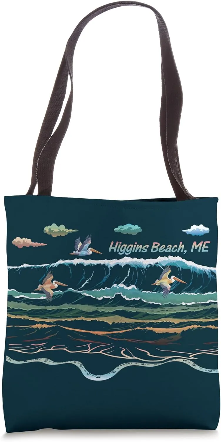 Higgins Beach ME Beach Maine Beach Waves Pelican Bird Lover Tote Bag