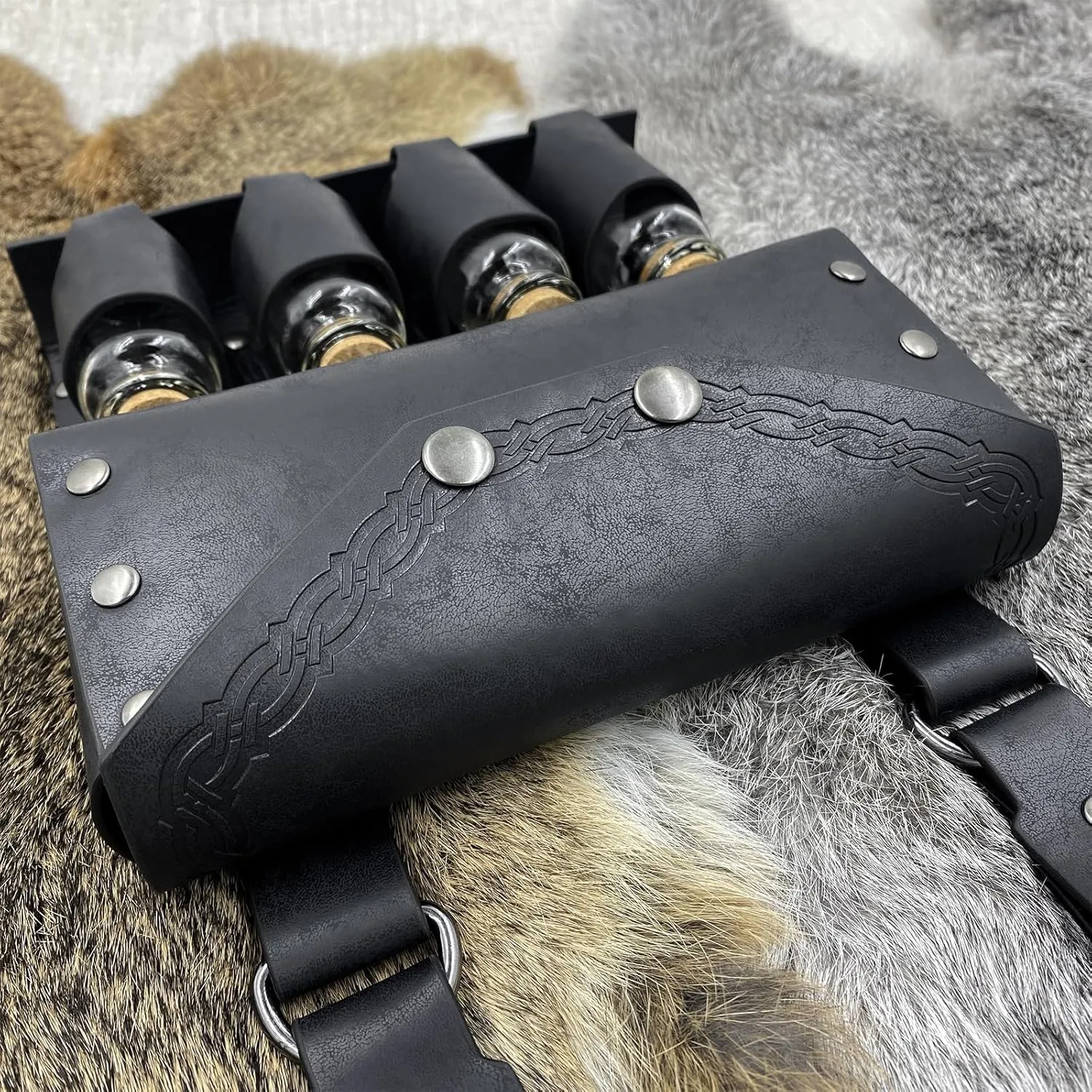 HiiFeuer Medieval Alchemy Faux Leather Belt Bag with 4 Cork Potion Vials, Fantasy Wizard Waist Pouch Side Pack for Ren Faire (Black A)
