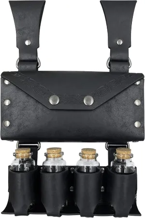 HiiFeuer Medieval Alchemy Faux Leather Belt Bag with 4 Cork Potion Vials, Fantasy Wizard Waist Pouch Side Pack for Ren Faire (Black A)
