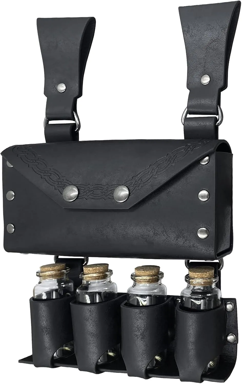 HiiFeuer Medieval Alchemy Faux Leather Belt Bag with 4 Cork Potion Vials, Fantasy Wizard Waist Pouch Side Pack for Ren Faire (Black A)
