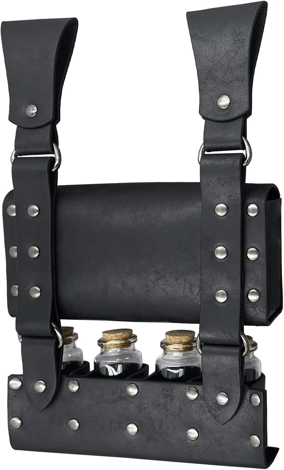 HiiFeuer Medieval Alchemy Faux Leather Belt Bag with 4 Cork Potion Vials, Fantasy Wizard Waist Pouch Side Pack for Ren Faire (Black A)