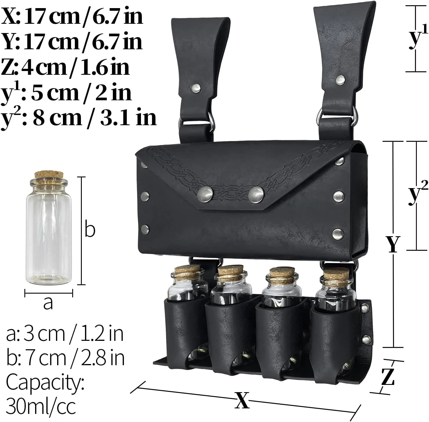 HiiFeuer Medieval Alchemy Faux Leather Belt Bag with 4 Cork Potion Vials, Fantasy Wizard Waist Pouch Side Pack for Ren Faire (Black A)