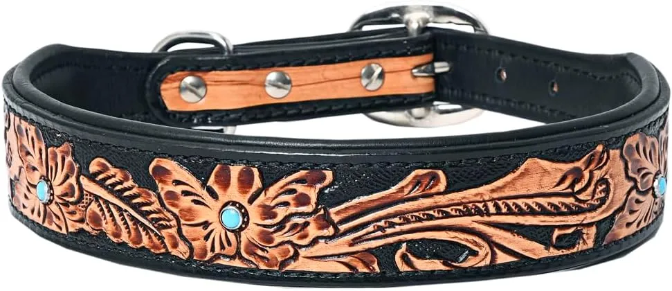 HILASON Floral Hand Tooled Strong Genuine Leather Dog Collar Black Large