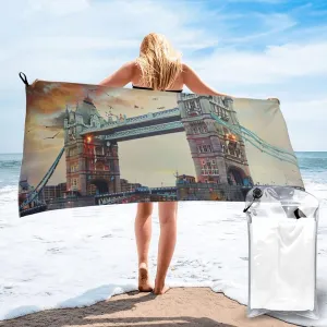 Historic Old Tower Bridge London Printed Microfiber Bath Towel 63x31.5 Inch Quick Drying Absorbent Beach Towel with PVC Bag for Bathroom Travel Camping