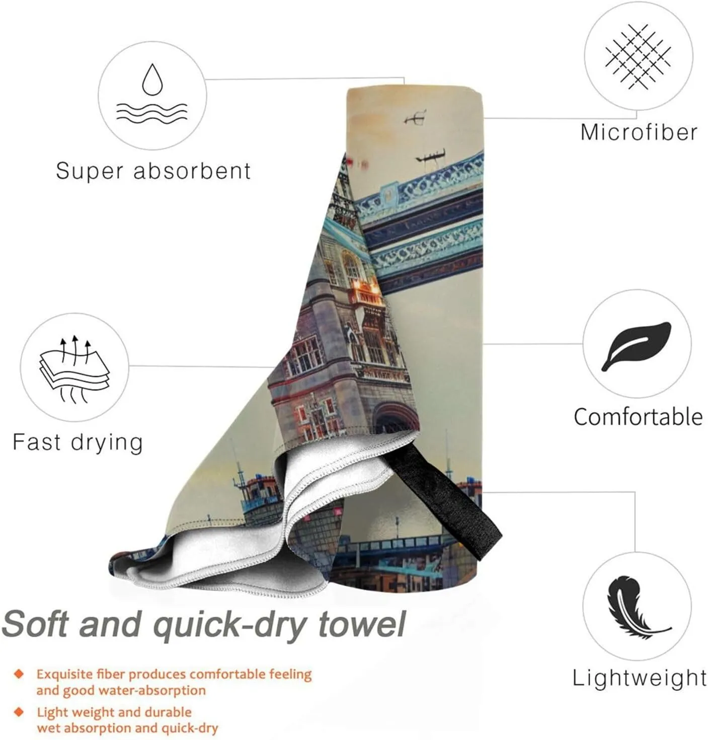 Historic Old Tower Bridge London Printed Microfiber Bath Towel 63x31.5 Inch Quick Drying Absorbent Beach Towel with PVC Bag for Bathroom Travel Camping