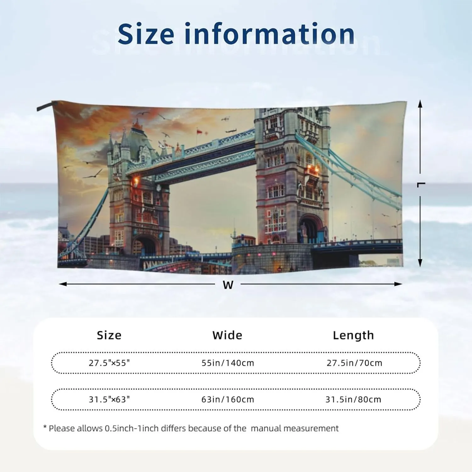 Historic Old Tower Bridge London Printed Microfiber Bath Towel 63x31.5 Inch Quick Drying Absorbent Beach Towel with PVC Bag for Bathroom Travel Camping